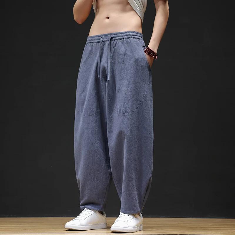 

2026 Spring Autumn Chinese Style Casual Pants Men Loose Linen Harlan Pants Men Wide Leg Cotton Lantern Pants Hanfu Trousers M сірий