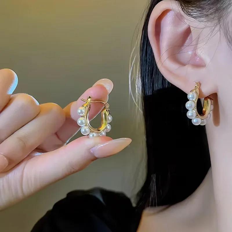 U-shaped Hoop Earrings Gold Color Stylish Elegant Imitation Pearl Earrings Wedding Party Girls Luxury Accessories Women's Gifts