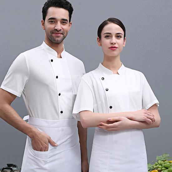 Hotel Chef Clothes Stand Collar Single Breasted Short Sleeve Breathable Overalls Stain Proof Cotton Blend Summer Chef Shirt Restaurant Kitchen