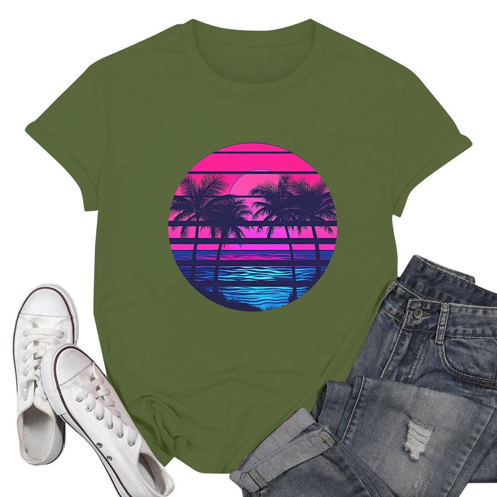 Women's Fashion Casual Printed Short Sleeve Round Neck Pullover Tops