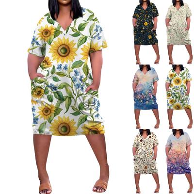 Robe d'été grande taille col V manches courtes genou poche imprimé décontractée pour femmes