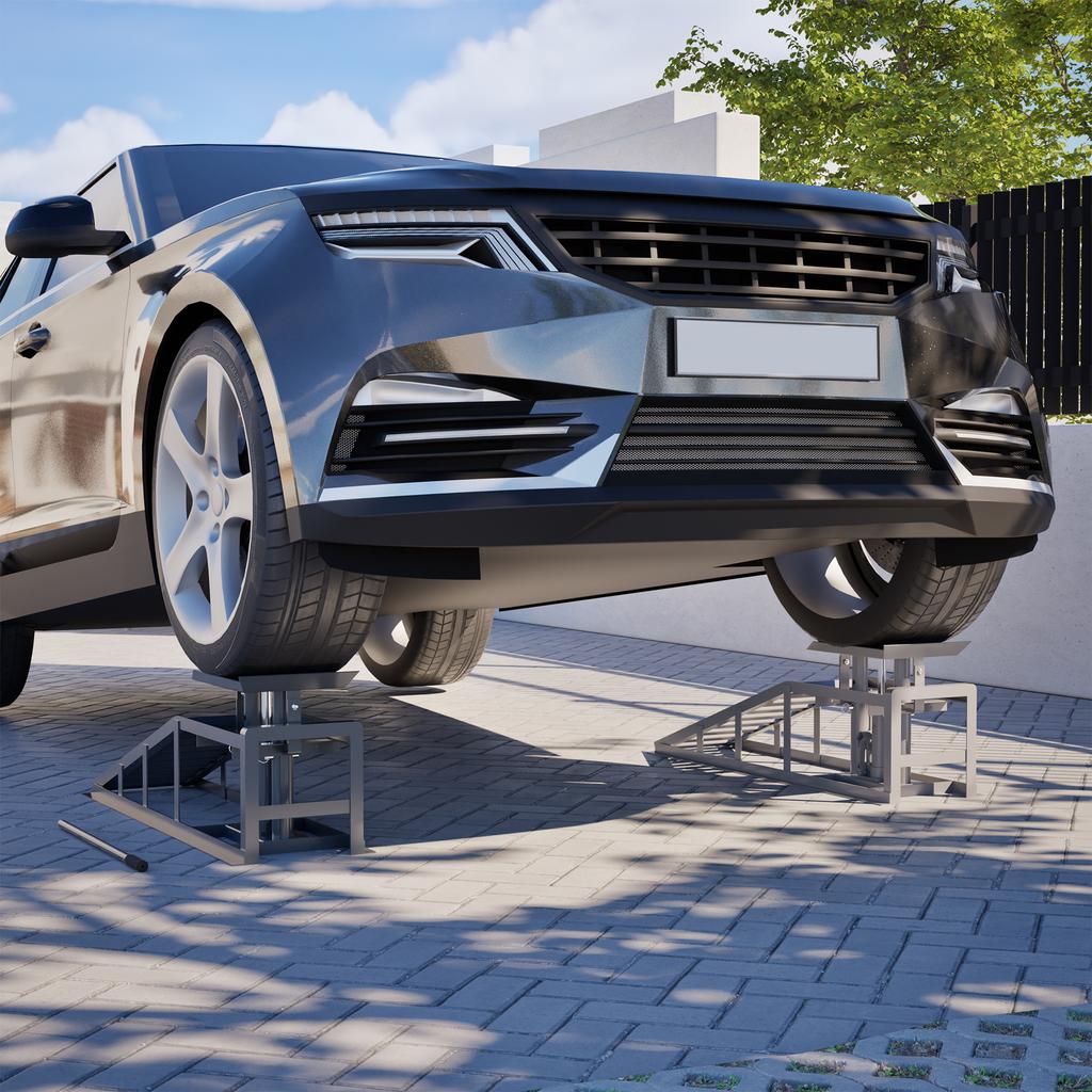 2 Pieces Car Drive-On Ramp Height-Adjustable Ramp Jack, Loading Ramp Set Lifting Platform (Grey)