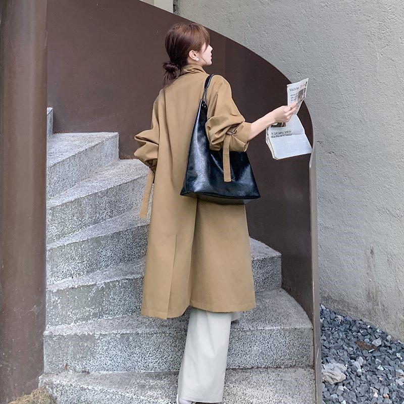 Giacca a vento con colletto alla coreana da donna, nuovo design autunnale, sciolta, casual, di media lunghezza, sopra il ginocchio
