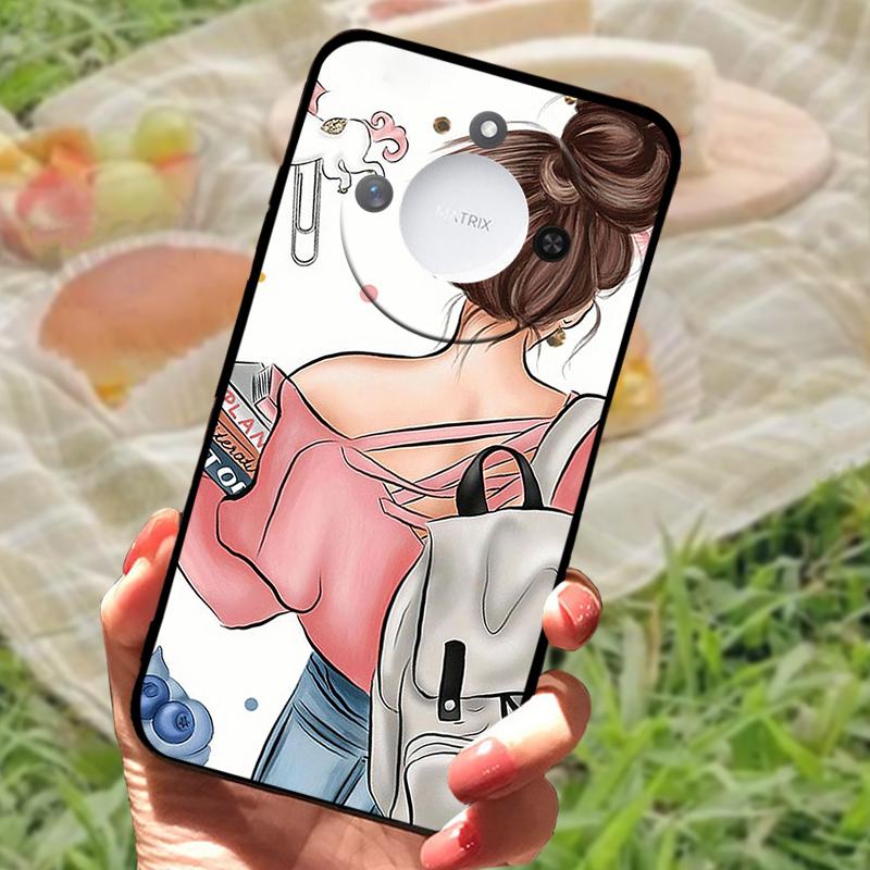 For Huawei Honor X60 Case Flowers Painted Cover Black Silicone Soft TPU Phone Case For Honor X60 Protective Shell Bumper