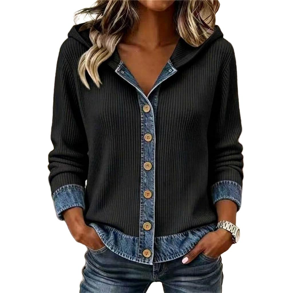 Women's Casual Denim Patchwork Hooded Knit Button Front Jacket