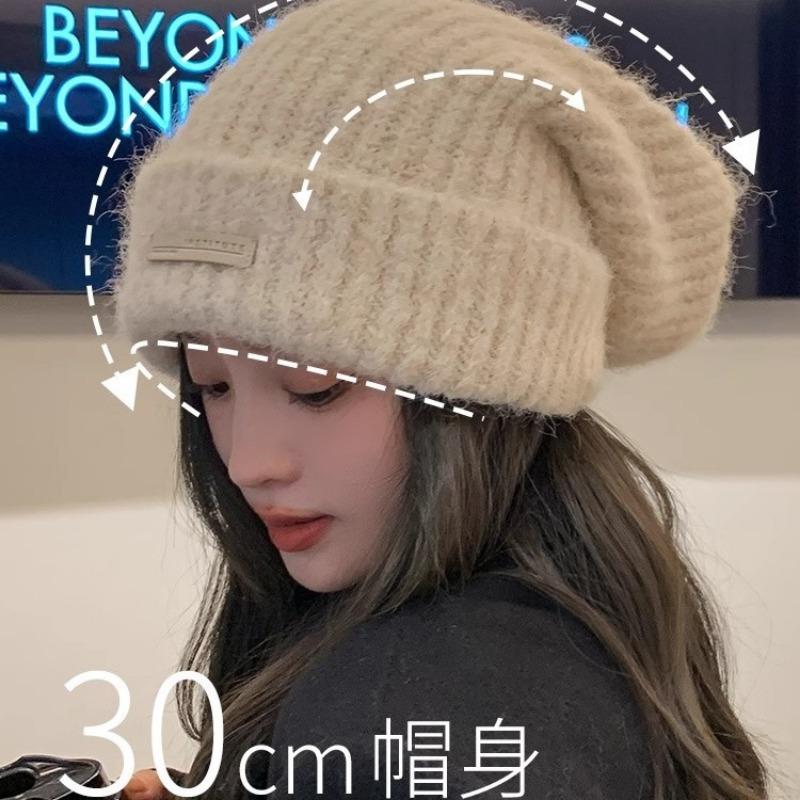 Wollgestrickte Wollmütze für Damen, großer Kopfumfang im Herbst und Winter, kleines Gesicht, warme Pile-Mütze, graue Mütze Tide
