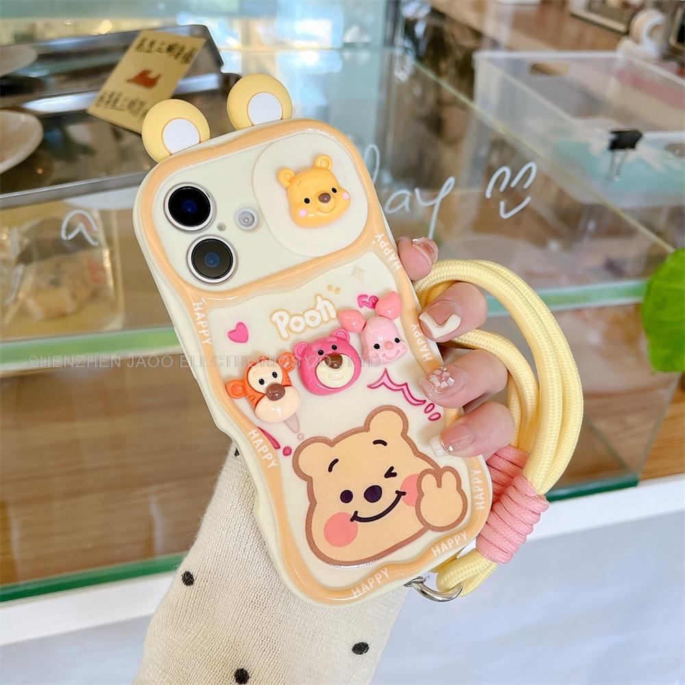 

For iPhone 16 15 14 13 12 Pro Max Plus 11 Cute Cartoon Winnie The Pooh Lotso Push-Pull Camera With Wrist Strap Phone Case iPhone 16 Pro Max