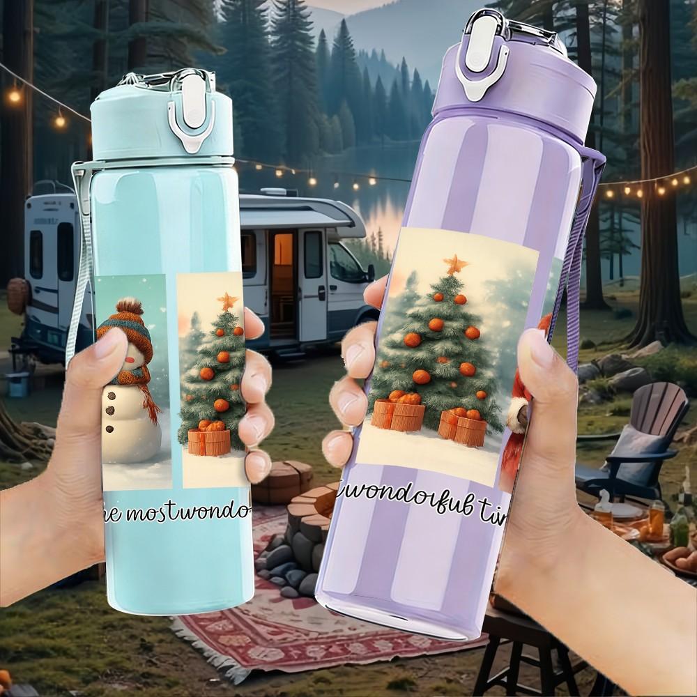 1PC Christmas Santa Snowman Scene 750ml Color Plastic Sports Water Bottle Leakproof Flip Straw Lid Suitable for Sports Office Home Use