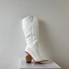 Leather women knee high boots pointed toe western cowboy boots women mid-calf chunky wedge boots