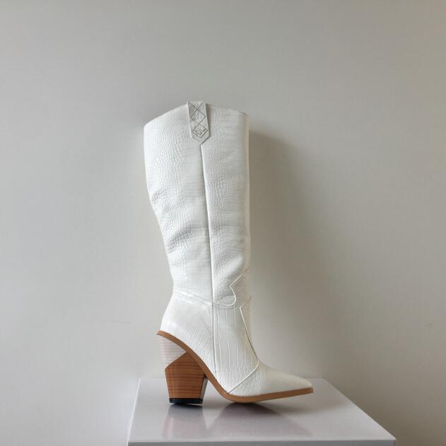Leather women knee high boots pointed toe western cowboy boots women mid-calf chunky wedge boots