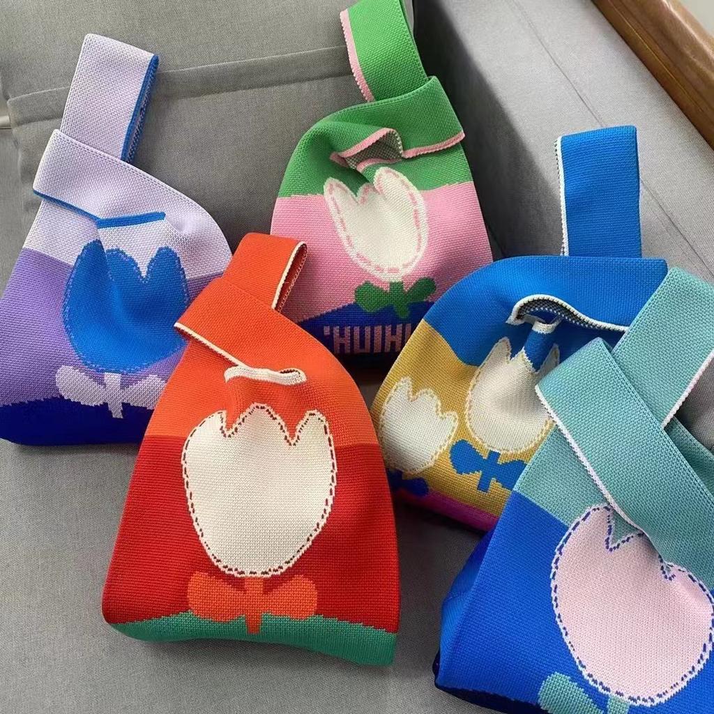 Women's Knot Wrist Bag Handmade Knitted Bag Portable Mini Striped Tote Bucket Phone Bags Large Capacity Autumn Winter Handbags