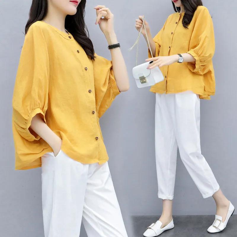 Suit Women's Summer Loose and Thin Bat-sleeved Blouse Women's Temperament Fashion Round Neck Shirt