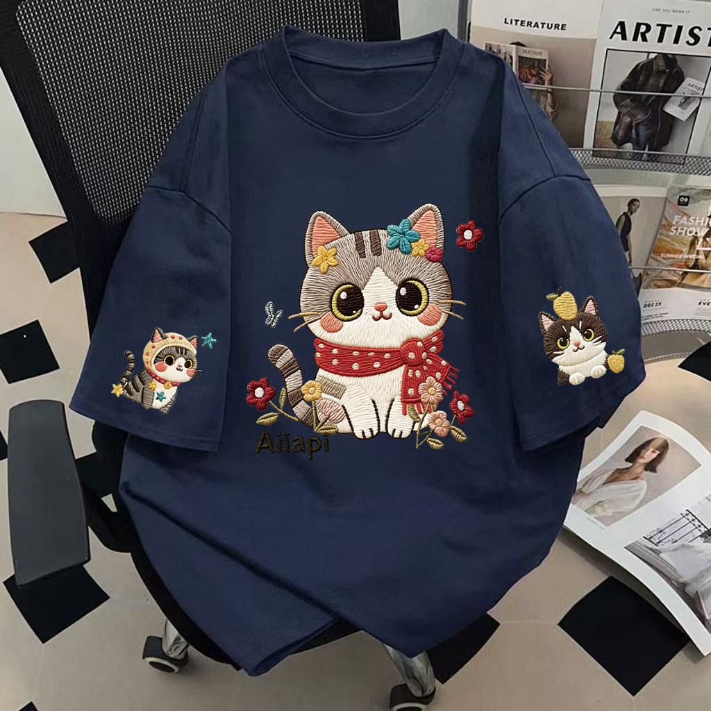 Women's O Neck Short Sleeve Tee Loose Fit Korean Style Cartoon Cat Embroidery Casual Top