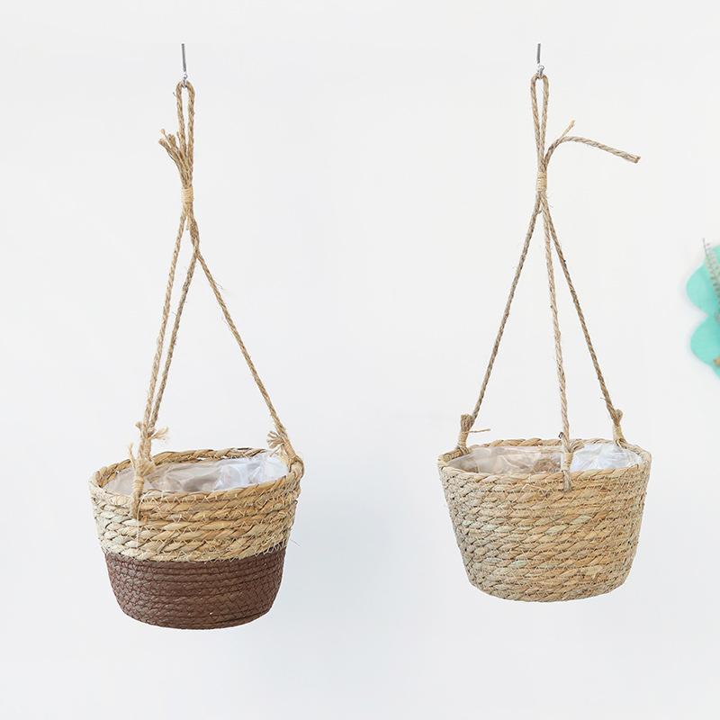 Stroh Hängender Korb Hanfseil Geflochtene Blumenkörbe Topfpflanzen Blumentöpfe