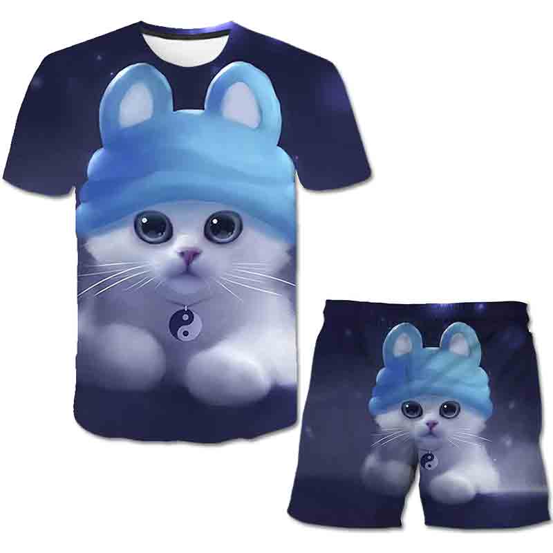 Summer Baby Kids Cat Sets Short Sleeves Printed T Shirts and Short Pants 2pcs Boys and Girls Lovely Clothing Outfits 1-14 Years