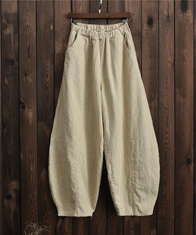 Pantaloni Larghi Vintage da Donna Cotone Lino Vita Elastica Tasche Casual Colore Unico Autunno Johnature