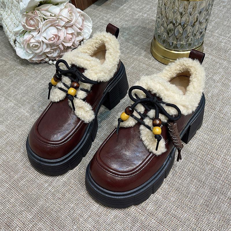 Winter Fluffy Shoes Women's 2025 New British Style Small Leather Shoes, Plush Thick-soled Warm Cotton Shoes, Casual Snow Shoes