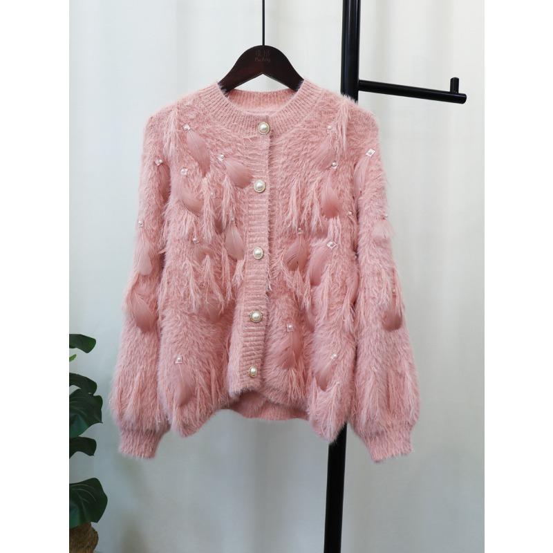 Autumn and Winter Imitation Mink Velvet Gentle Wind Design Feeling Feather Beads Fringed Knitted Cardigan Sweater Jacket Women