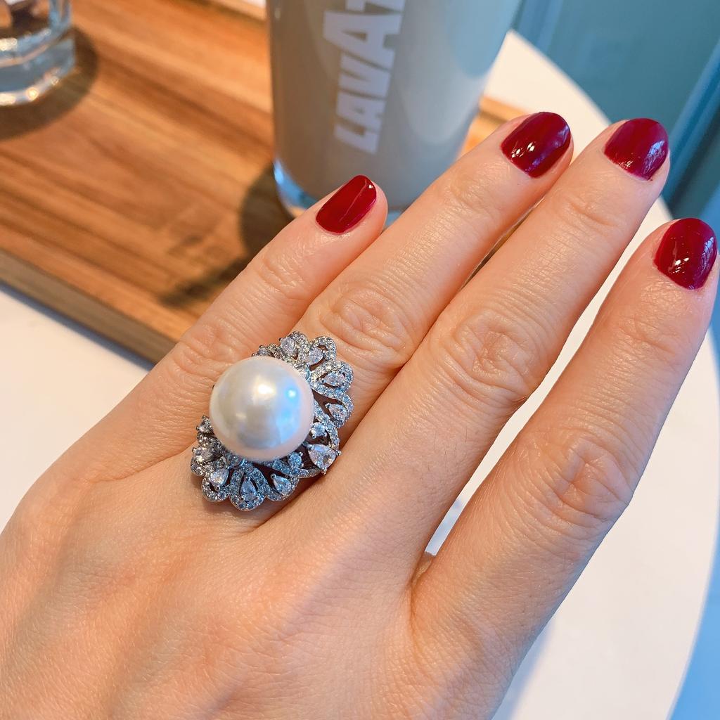 Zirkon Beyaz Elmas Fritilarya İnci Yüzük Kadın Ziyafet İnci Takı Ayarlanabilir Yüzük Yüksek Moda