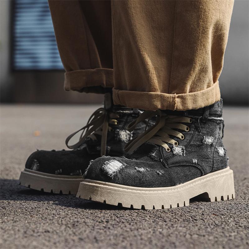 Fashion Perforated Denim High Top Sports Shoes with Comfortable Design Thick Sole Casual Street Wear 2025 Fashion Boots Fast Delivery