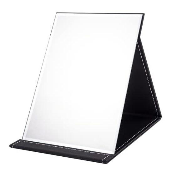 OWLKELA Tabletop Mirror Compact Folding Hand S Size Stand Leather Cover Shatter-resistant Stylish 1612cm Black