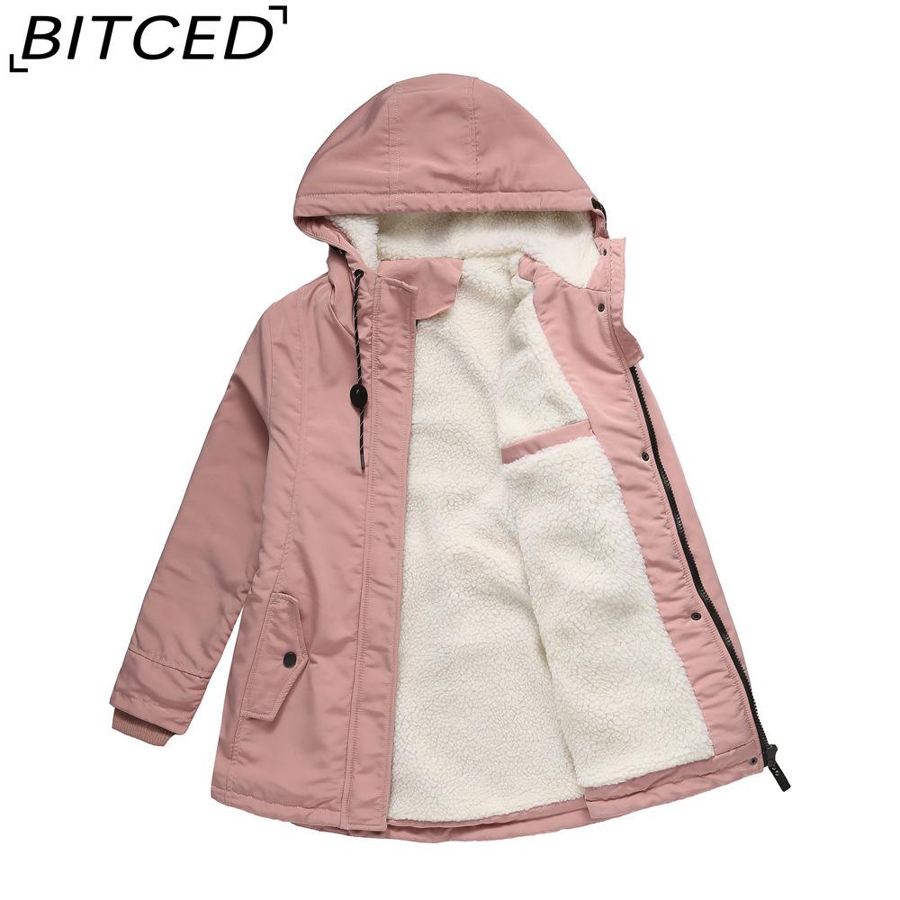 

BITCED Coat - Fall/Winter Shearling-Lined Cotton Jacket Thickened Fleece-Lined Cotton Coat Women s Casual Hooded Jacket S розовый