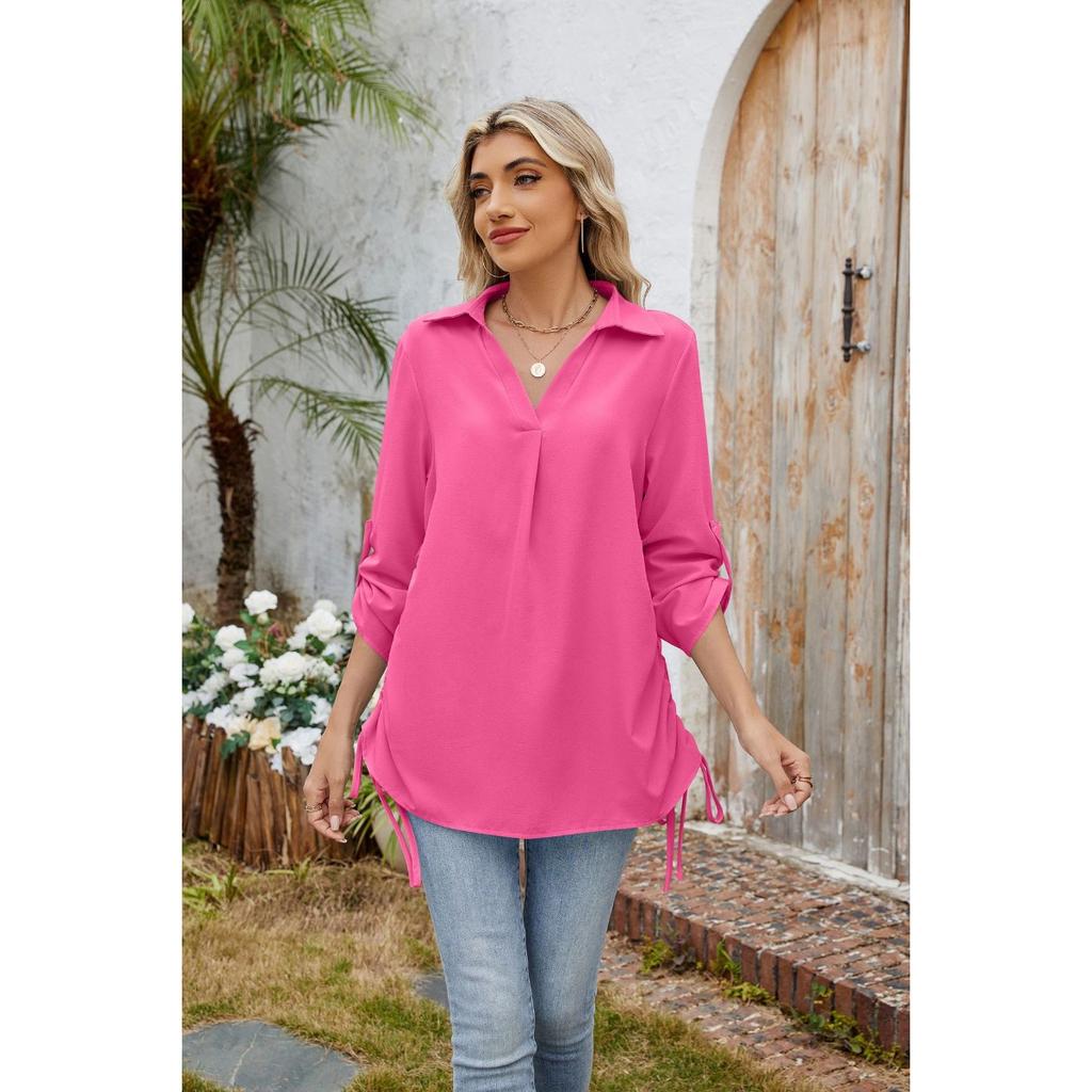 Spring Summer New Women's Solid Color Lapid Loose 3/4 Sleeve Chiffon Shirt Blouse Casual Top for Cross-border
