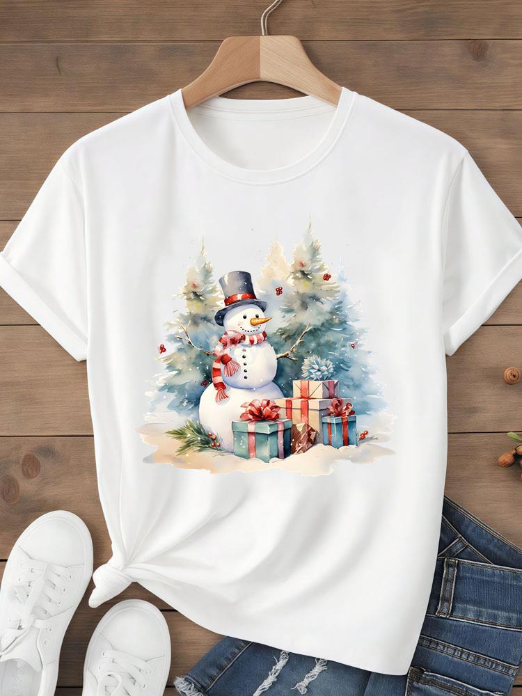 (Asian Size) Tee Top festival  Merry Christmas tree style happy  New Year Holiday Women Print Lady Short Sleeve Fashion Graphic T-shirts