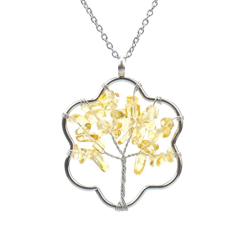 Silver Wire-Wrapped Flower Tree of Life Crystal Pendant Necklace N72