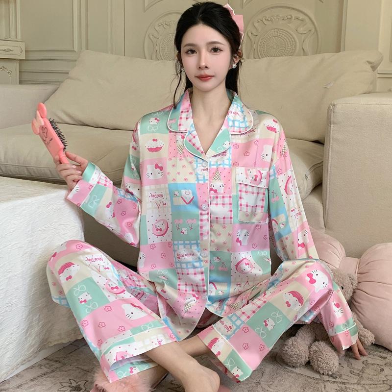 Ice Silk Thin Style Women'S Long-Sleeved Pajamas Spring And Autumn Cartoon Brown Puppy Polka Dot Print Loungewear