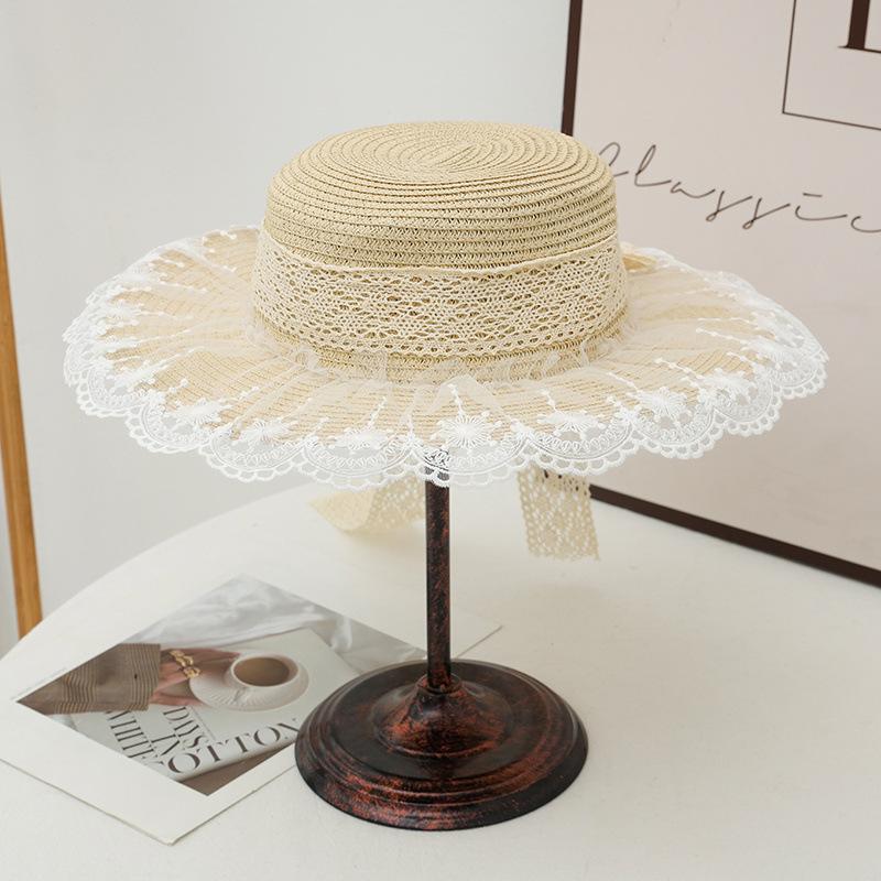 New Hat Lace Bow Sunscreen Hat Summer Outdoor Sun Hat Flat Top Sun Hat Seaside Beach Hat