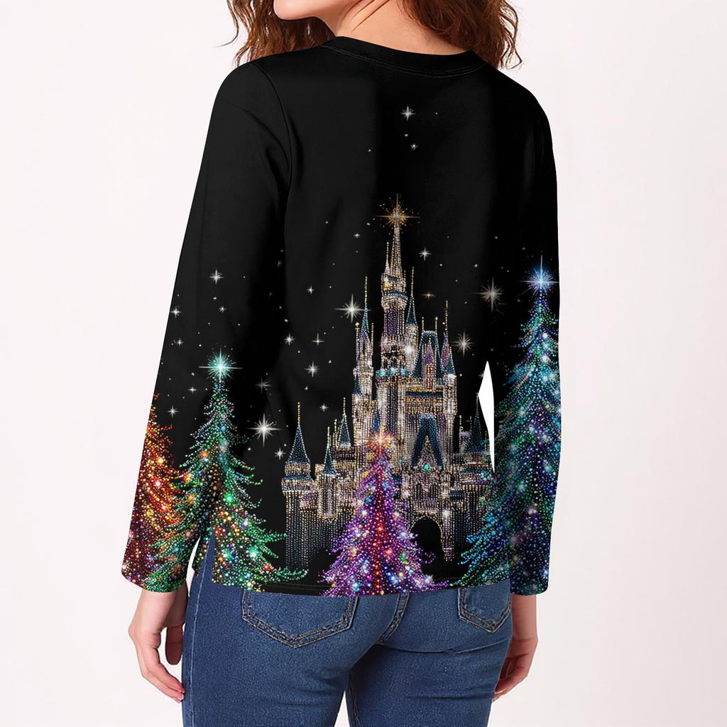 אופנה נשים מזדמן שסע מכפלת עגול צוואר ארוך שרוול ארוך מודפס חולצת טריקו גבירותיי נשים