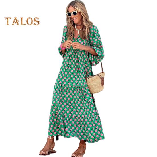 

Летнее женское платье с V-образным вырезом и рукавами-пузырьками три четверти с геометрическим принтом, свободное лоскутное платье трапециевидной формы с большим подолом, струящееся пляжное платье миди на весенние каникулы S зелёный