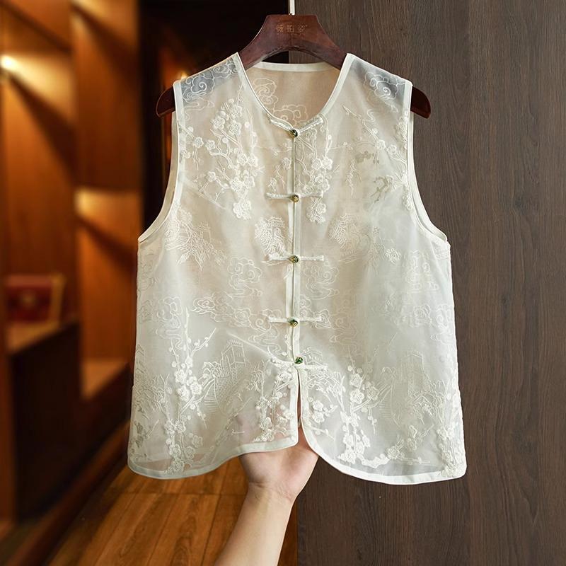 

Женский летний вышитый топ-майка из органзы тутового шелка XL белый