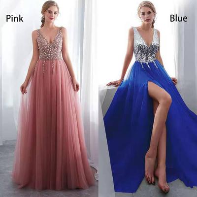 Pink Embroidered Beads Sexy Women's Fashion Deep V Long Dress Elegant Queuing Evening Dress