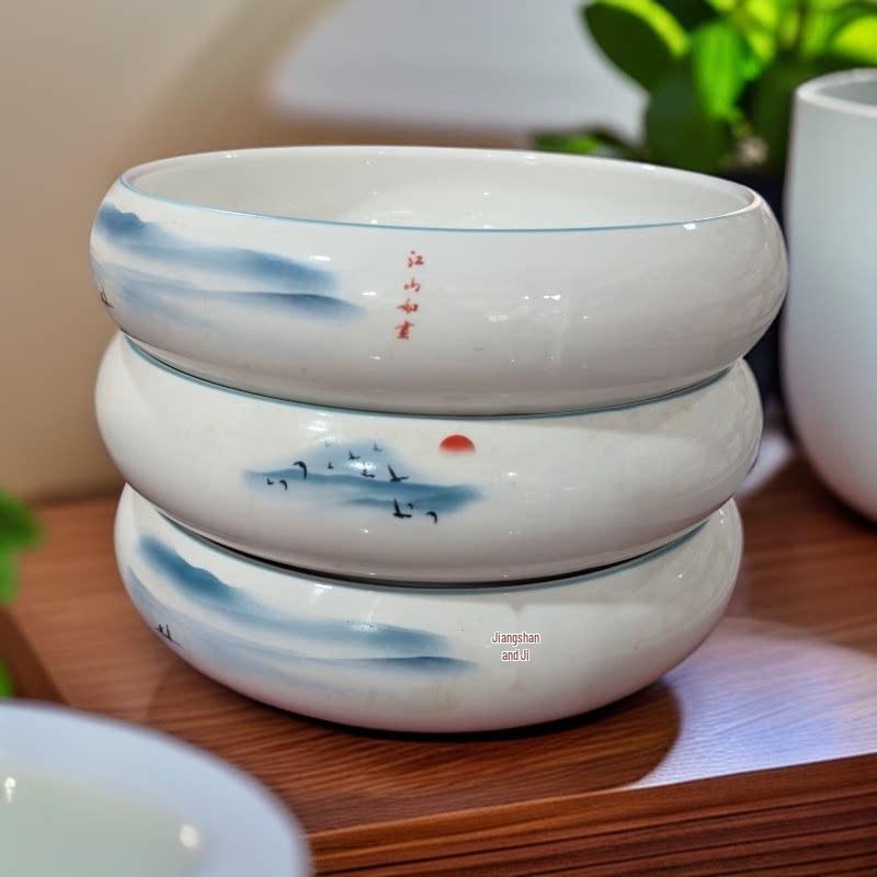 Artistic Ceramic Drum Bowl for Pickled Fish & Noodles - Lotus Design