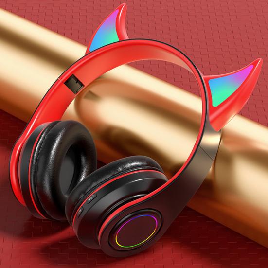 Bluetooth-compatible Headphone LED Devil Ear HiFi Glowing Cute Stereo Bass Wireless Headset