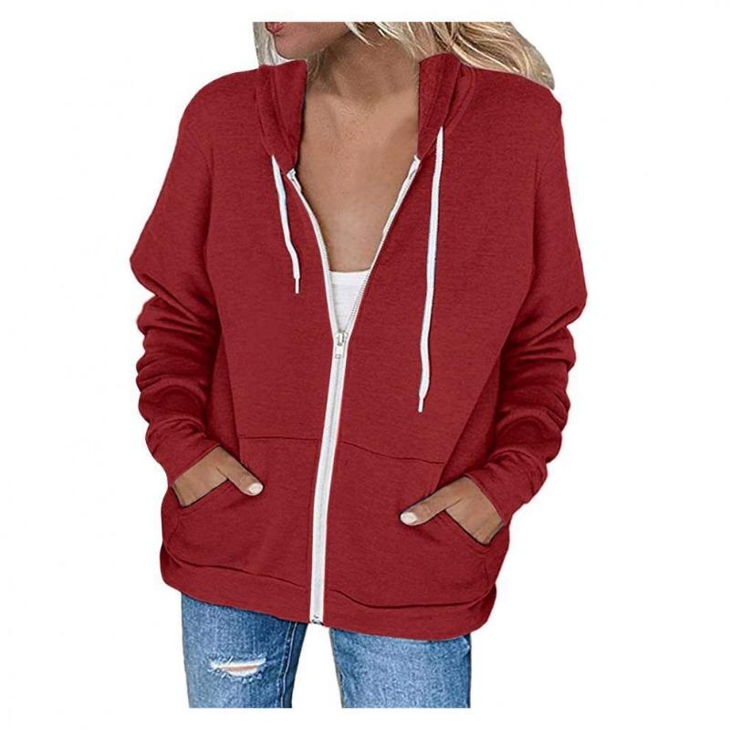 Women S Solid Color Long Sleeve Hooded Zip Up Sweatshirt With Pockets Drawstring