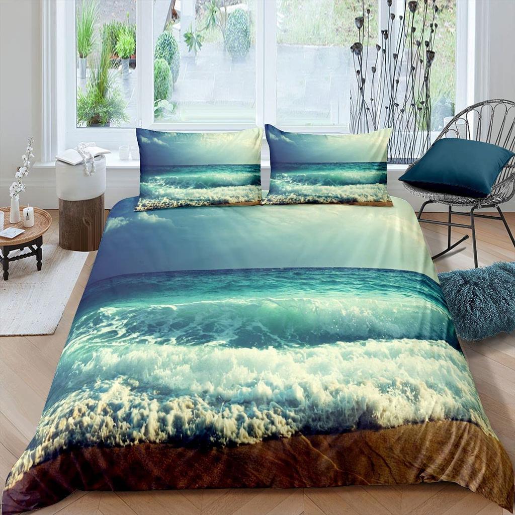 Ocean Wave Duvet Cover Set Beach With Foamy Waves Twin Bedding Set Sea Shore Holiday Theme Queen King Size Quilt Cover