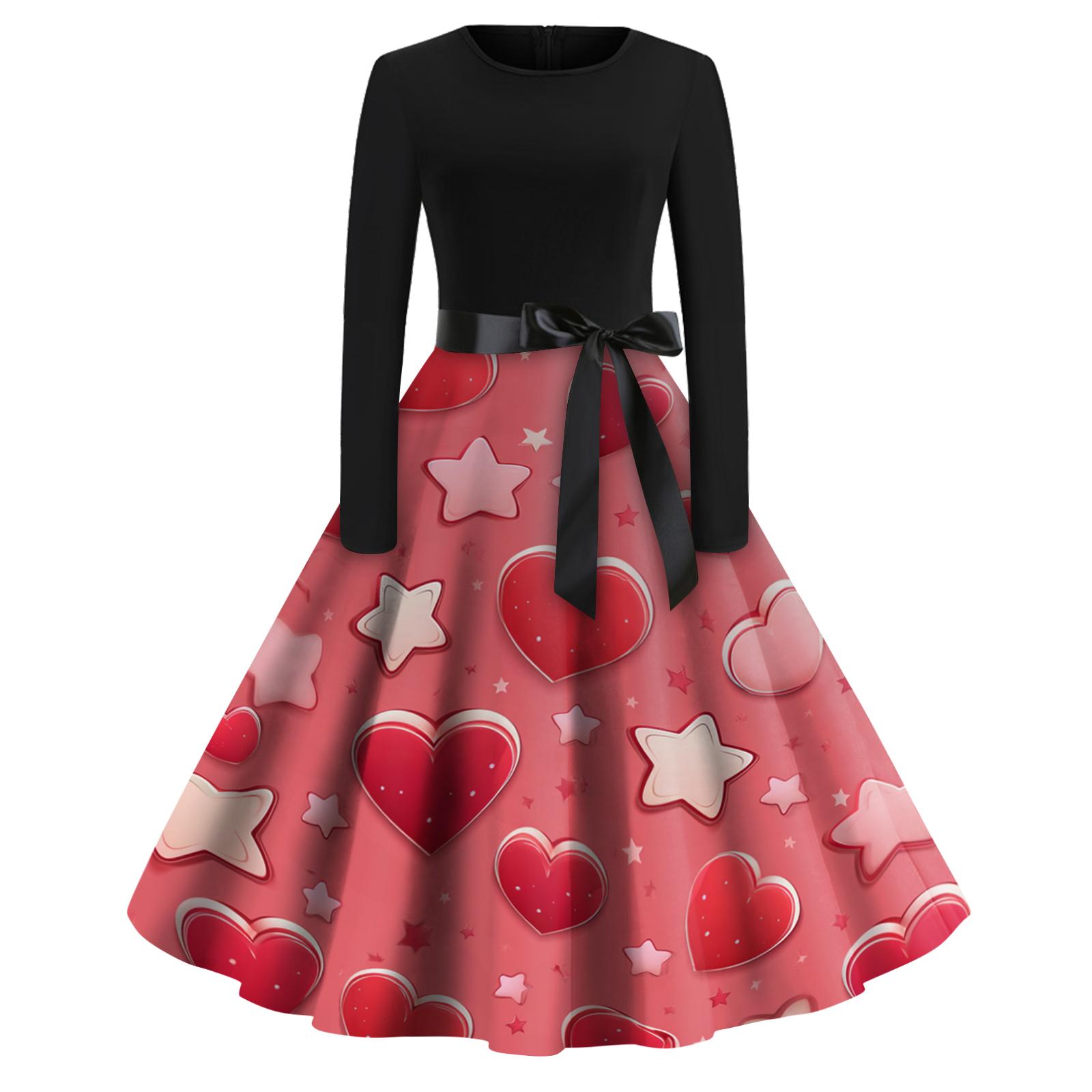 

Women s Fashion Round Casual Slim Fit Print Large Swing Long Sleeve Dress XL кавун червоний колір