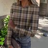 Women's Casual Neck Plaid Print Long Sleeve Ribbed Knit Top for Everyday Wear
