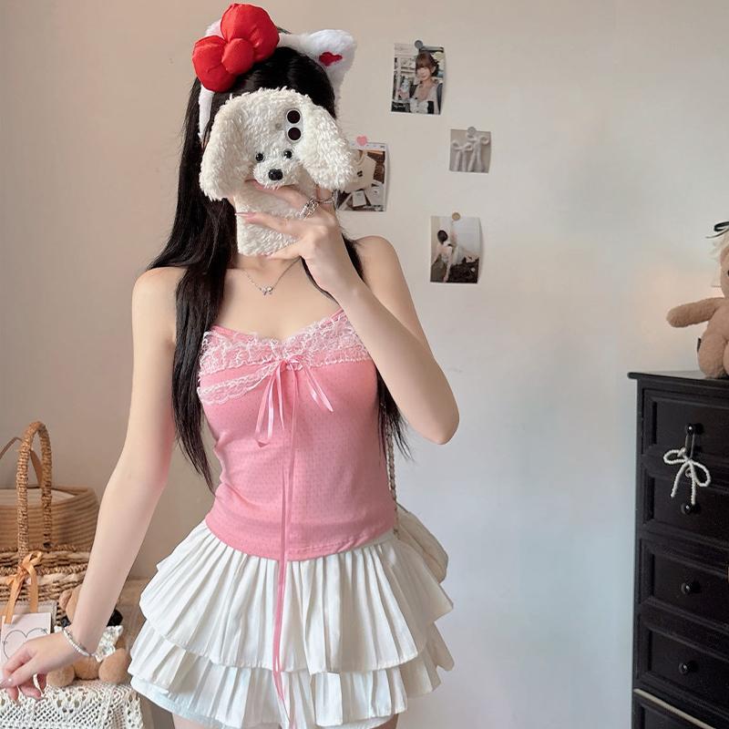 Summer Women'S Sweet Sexy Bow Lace Patchwork Sleeveless Slim Camisole With Chest Pad