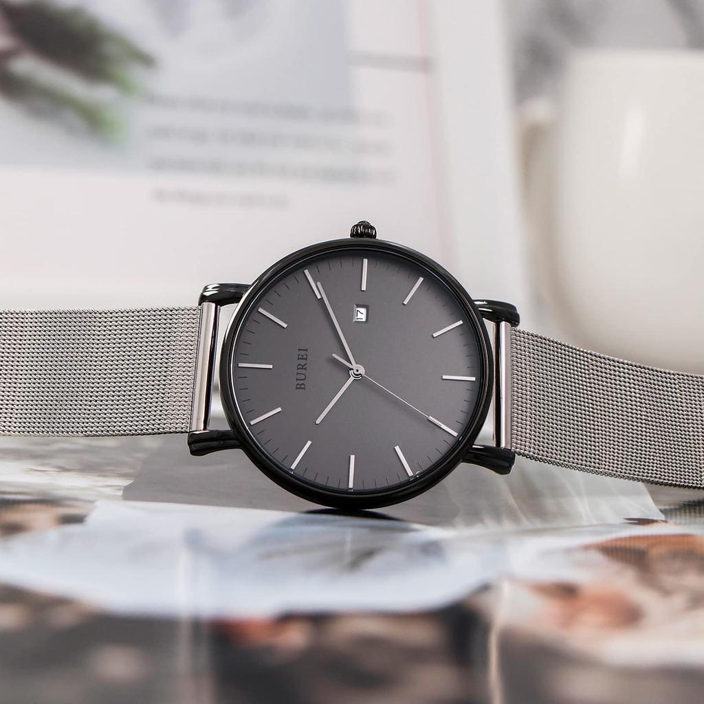 BUREI Milanese Mesh Date Silver Brand Name Men's Watch, Simple, Waterproof, Analog, Business, Style, Strap, Stylish, Popular, Display, Gray,