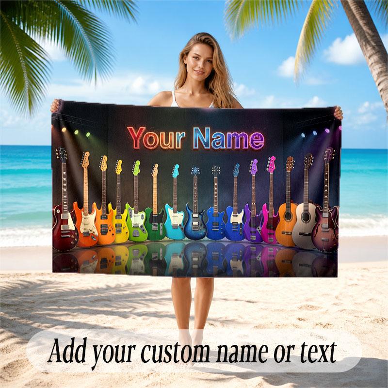 Music Guitar Theme Beach Towel Personalized Custom Name & Text Soft Quick Dry Beach Towel for Swimming Travel