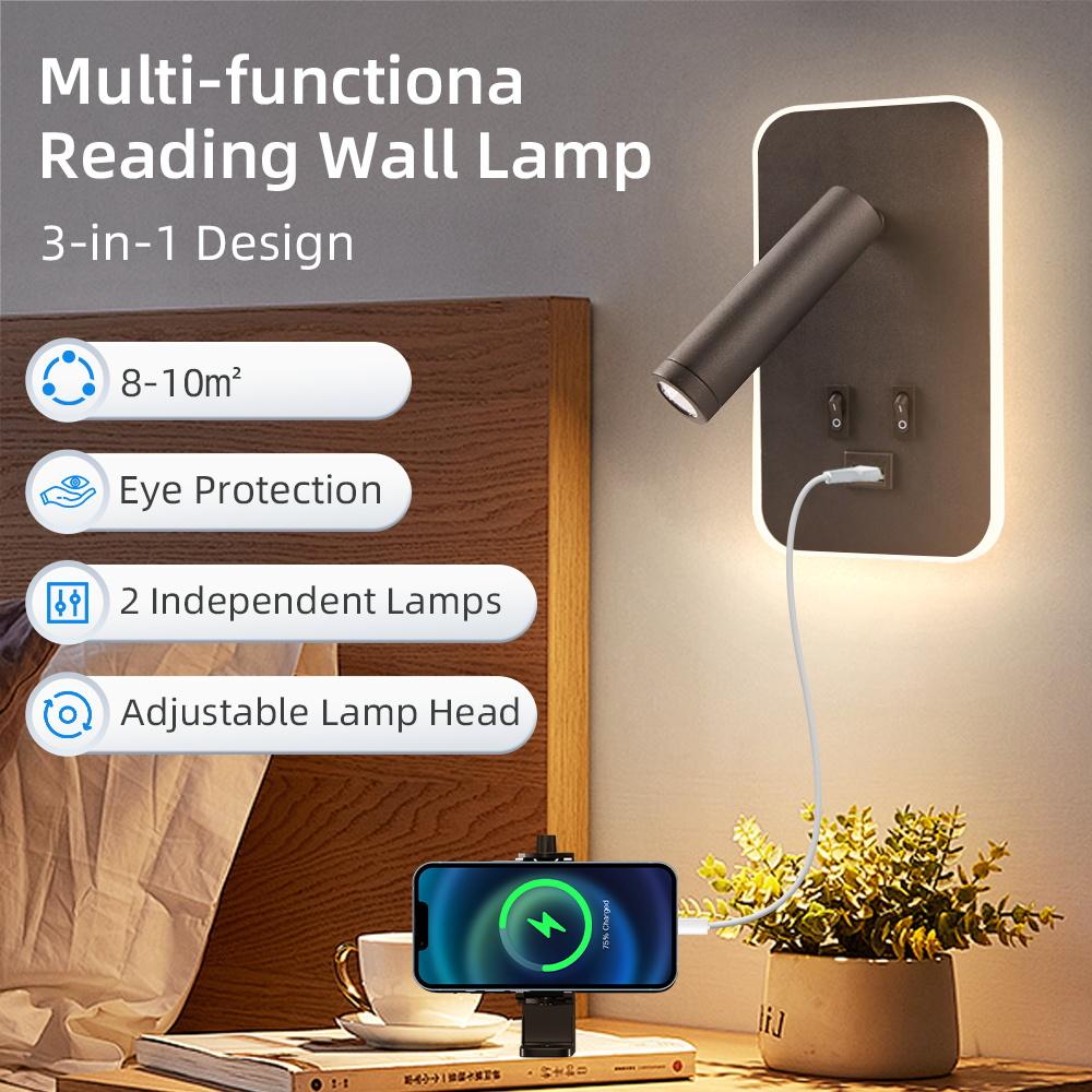 Bedside Wall Lamp with Switch and USB Port Wall Mounted Reading Spot Lights Bedroom Wall Sconce Rotatable Led Wall Light Cabinet