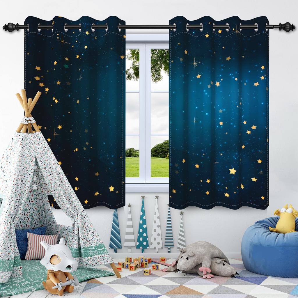 2pcs Moon Stars Window Curtains Children Bedroom Home Living Room Decoration Blackout Curtain Heat Insulation Noise Reduction