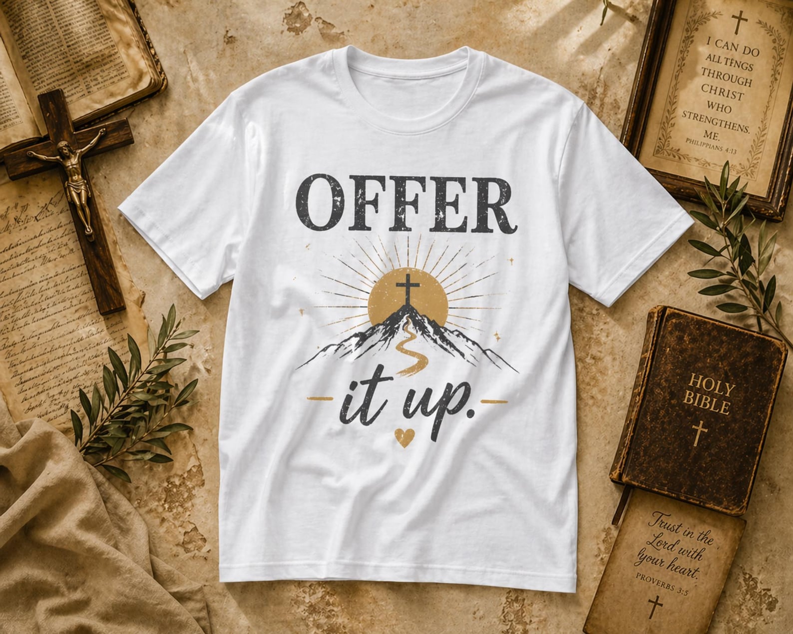 Offer It Up Faith Mountain Cross T-Shirt – Christian Vintage Spiritual Graphic Tee S