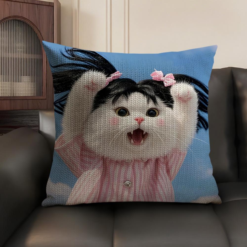 Cute Cat Dog Kawaii Gift Cushion Cover Natural Linen Organic Fabric Double-Sided Printing Sofa Home Decor Gift Pillow Case
