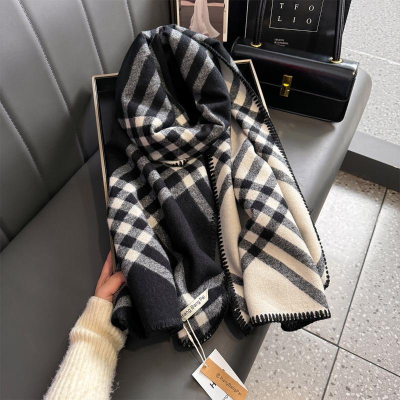 Checked Scarf, Korean Trendy Autumn and Winter Scarf, Line Double-sided Imitation Cashmere Scarf