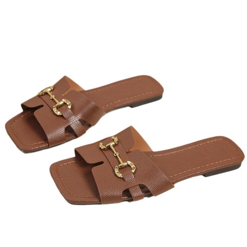 Wear Metal Buckle Square Head Flat Slippers Women's Summer New Sandals Large Size Slippers